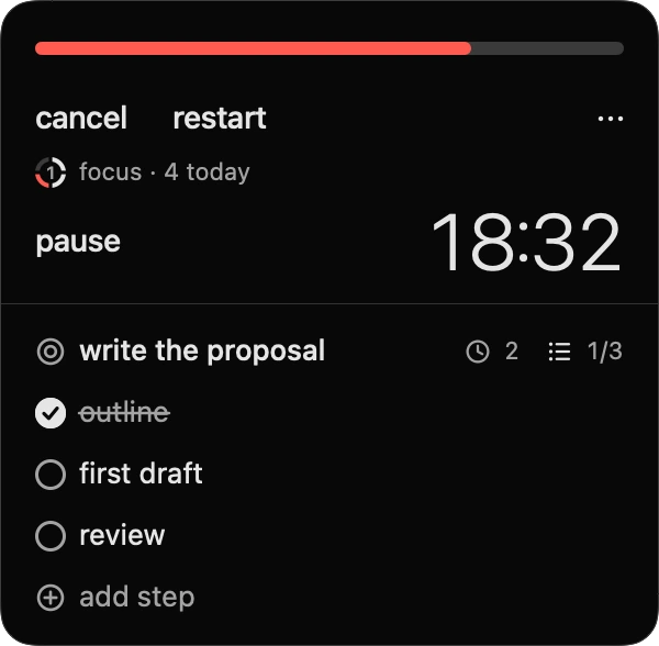 Tomette's panel during a focus session, with the task and its steps listed below the timer.